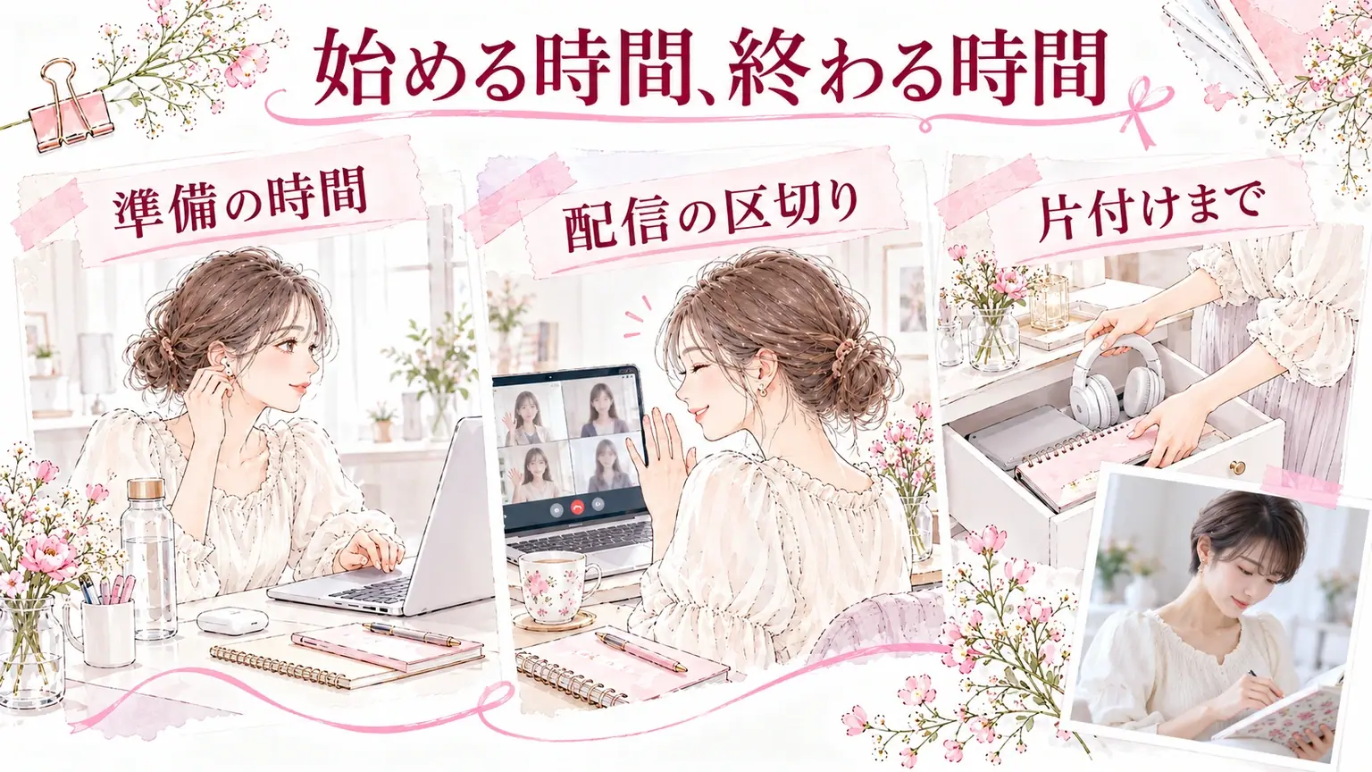 始める時間、終わる時間。準備の時間・配信の区切り・片付けまでを示す解説イラスト。