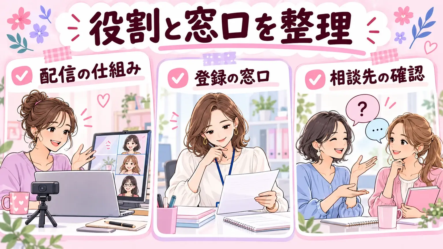 配信の仕組み、登録の窓口、相談先の確認をノート形式で整理したイラスト