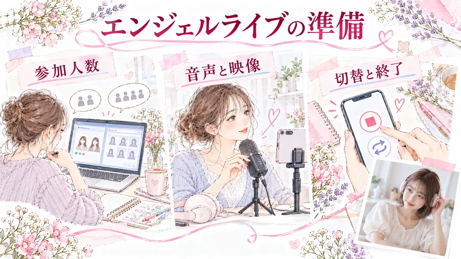 エンジェルライブの準備。参加人数・音声と映像・切替と終了を示す解説イラスト。