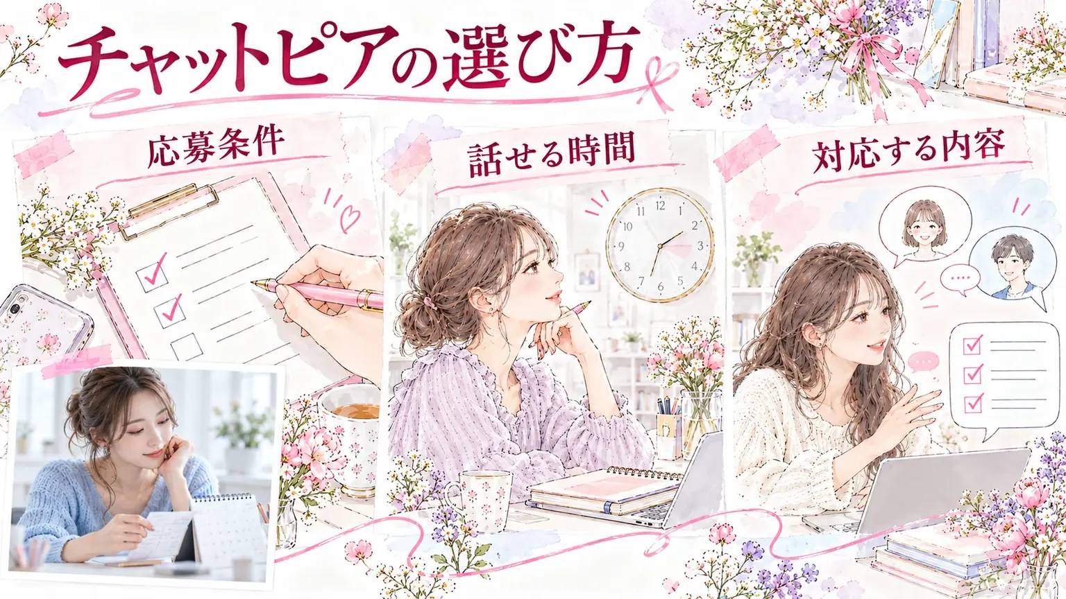 チャットピアの選び方。応募条件・話せる時間・対応する内容を示す解説イラスト。