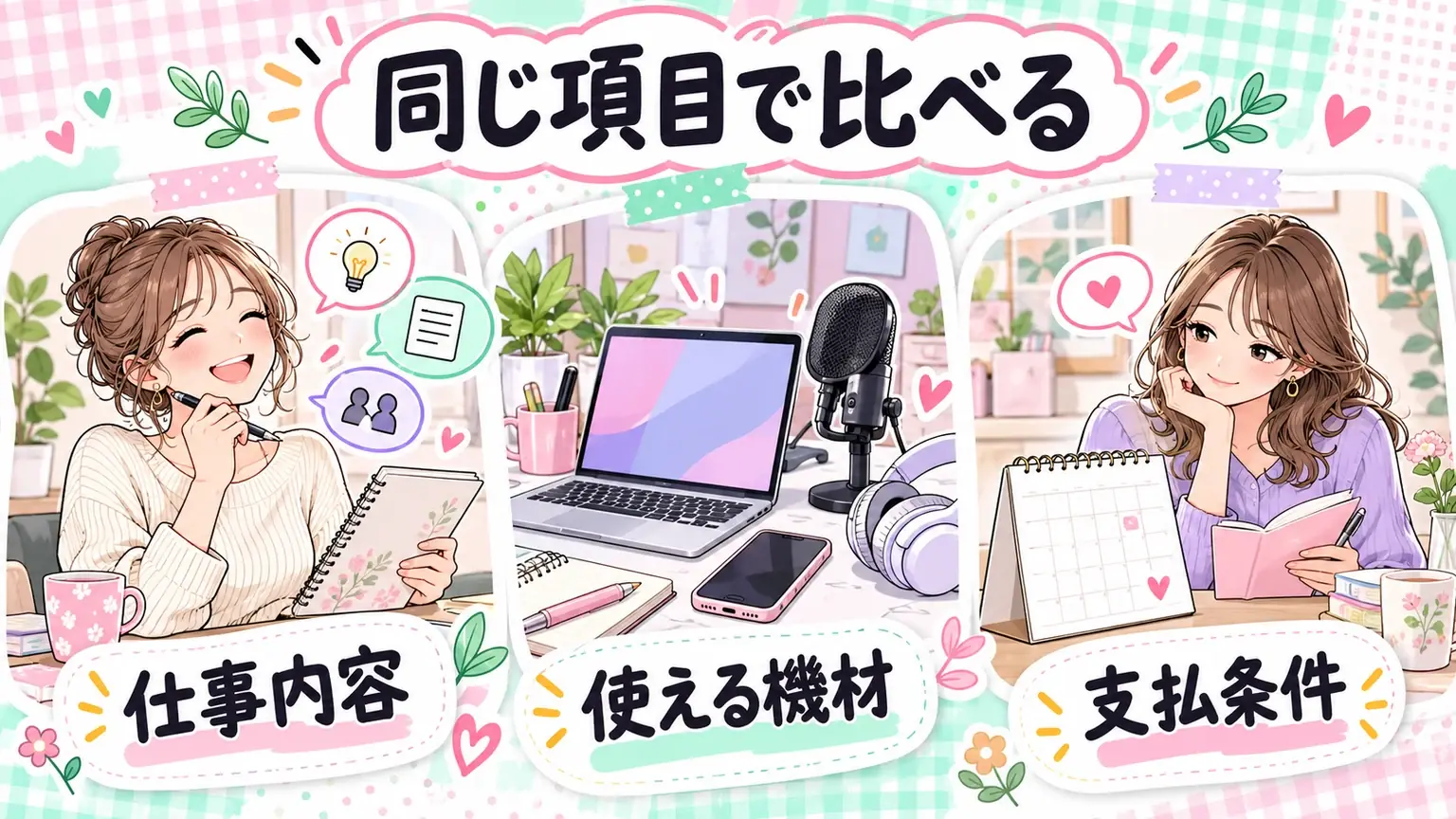 仕事内容、使える機材、支払条件の3項目を並べた比較用イラスト