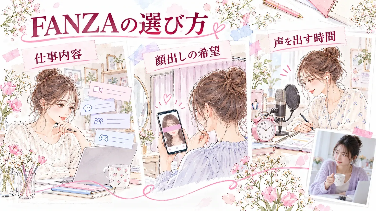 FANZAの選び方。仕事内容・顔出しの希望・声を出す時間を示す解説イラスト。