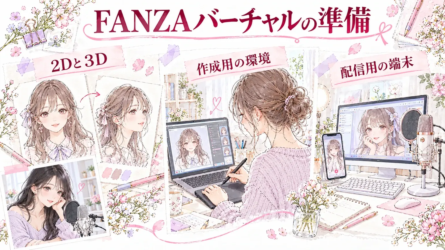 FANZAバーチャルの準備。2Dと3D・作成用の環境・配信用の端末を示す解説イラスト。
