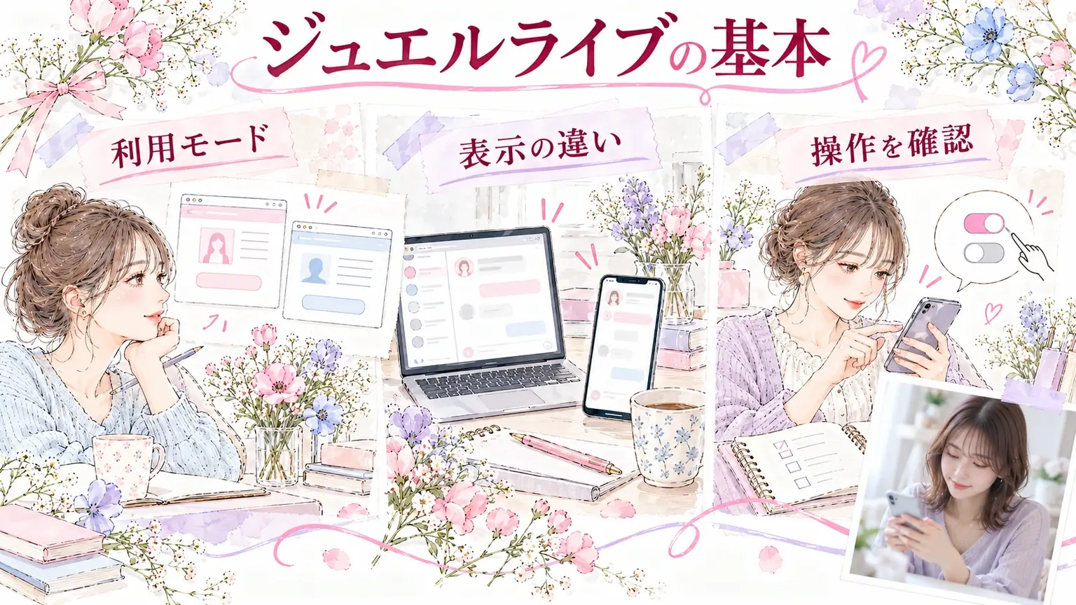 ジュエルライブの基本。利用モード・表示の違い・操作を確認を示す解説イラスト。