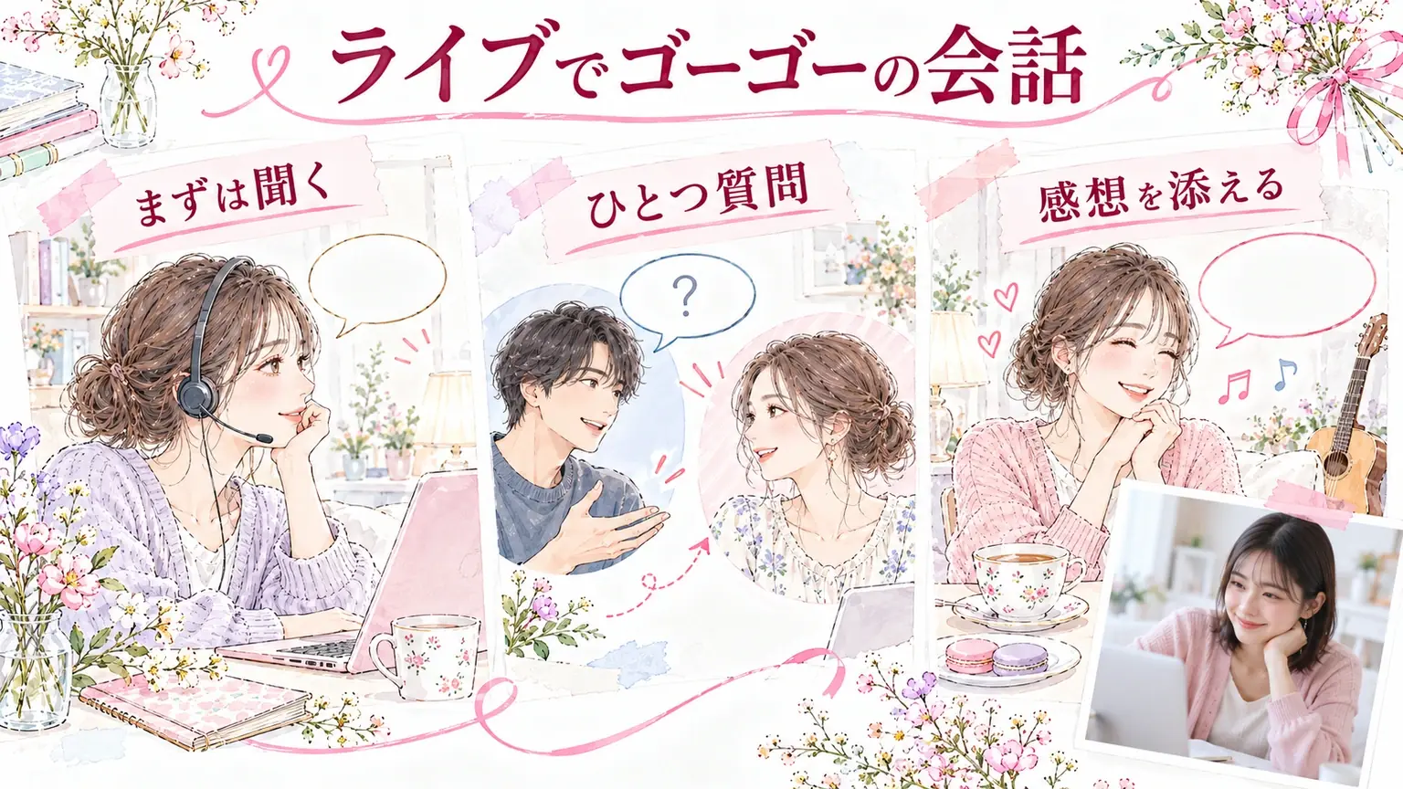ライブでゴーゴーの会話。まずは聞く・ひとつ質問・感想を添えるを示す解説イラスト。