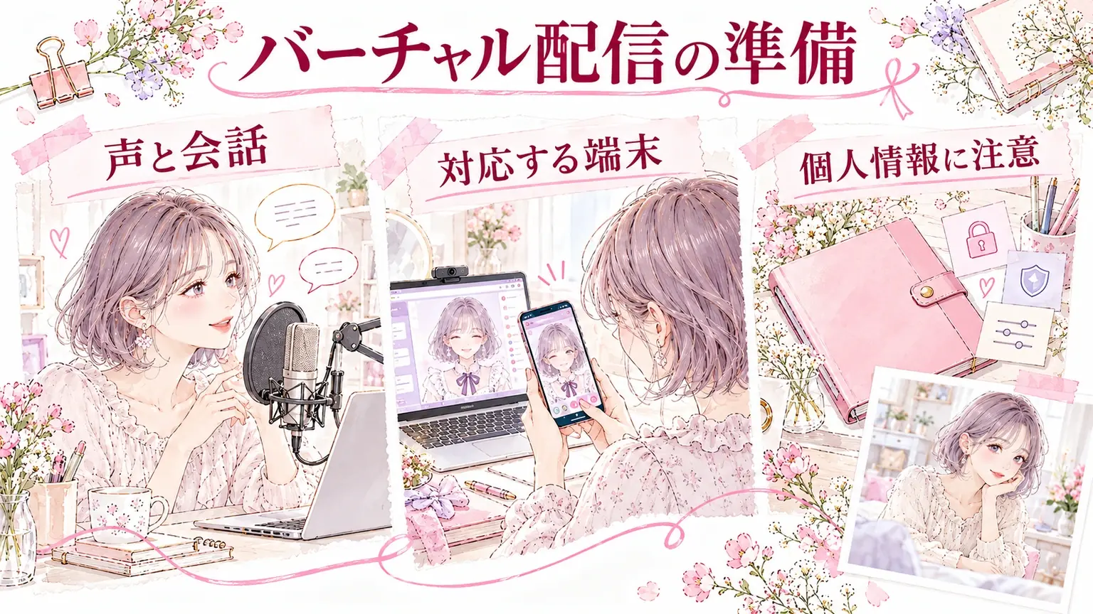 バーチャル配信の準備。声と会話・対応する端末・個人情報に注意を示す解説イラスト。