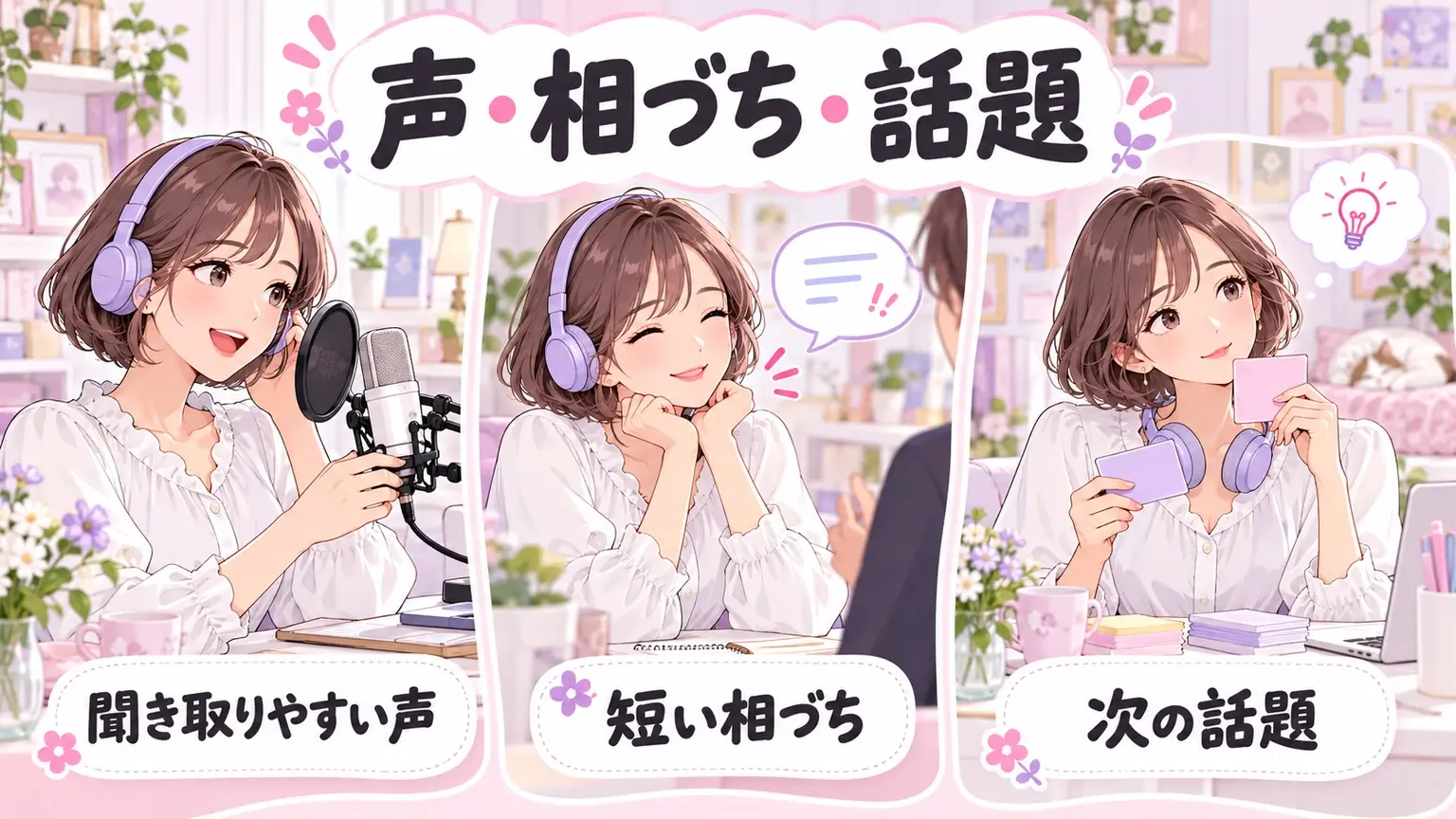 聞き取りやすい声、短い相づち、次の話題を3つの場面で示したイラスト