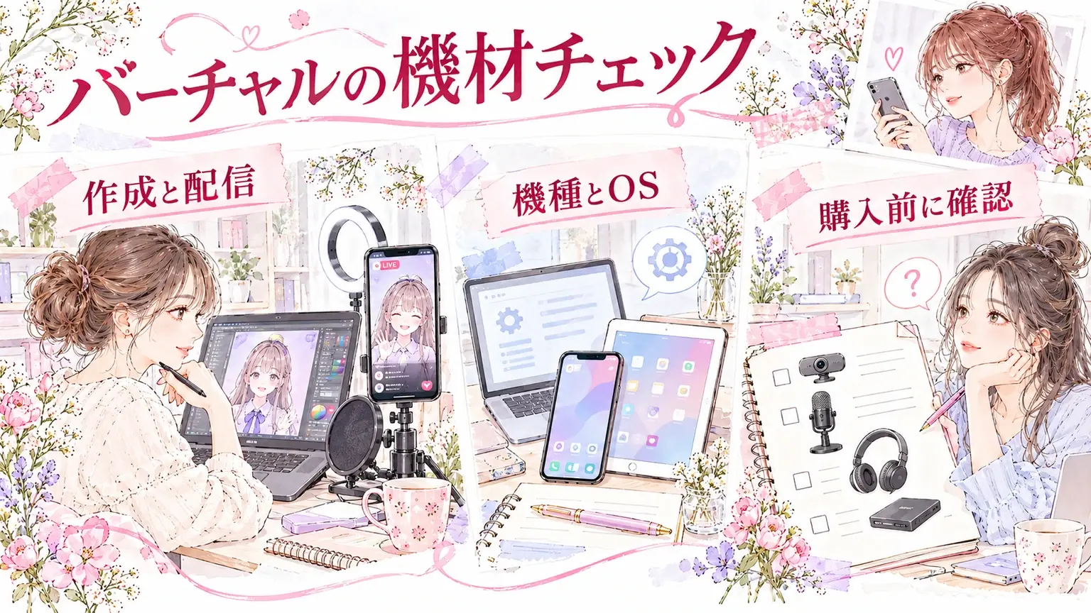 バーチャルの機材チェック。作成と配信・機種とOS・購入前に確認を示す解説イラスト。