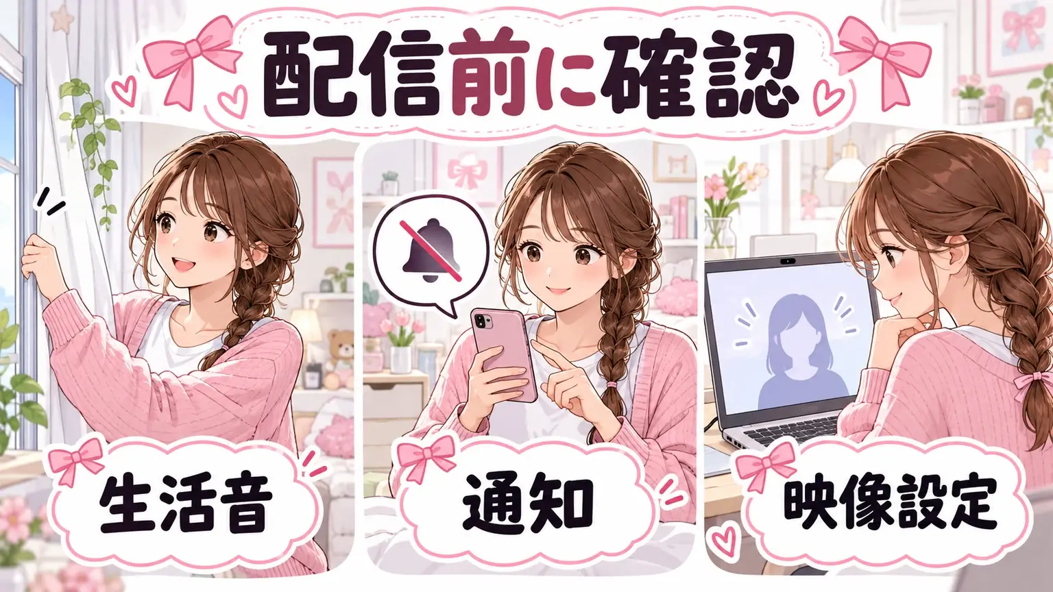 生活音、端末の通知、映像設定を確認する3つのイラスト