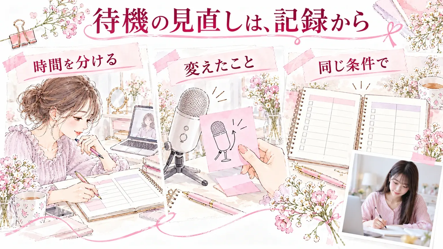 待機の見直しは、記録から。時間を分ける・変えたこと・同じ条件でを示す解説イラスト。