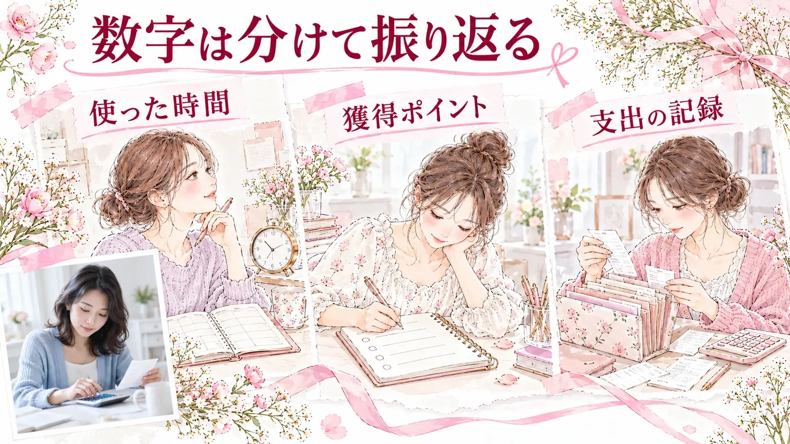 数字は分けて振り返る。使った時間・獲得ポイント・支出の記録を示す解説イラスト。