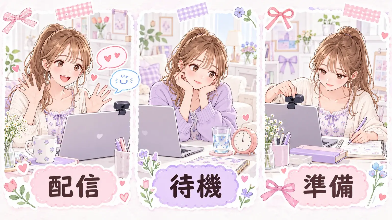 配信、待機、準備の作業を時計やノートと一緒に描いた3つのイラスト