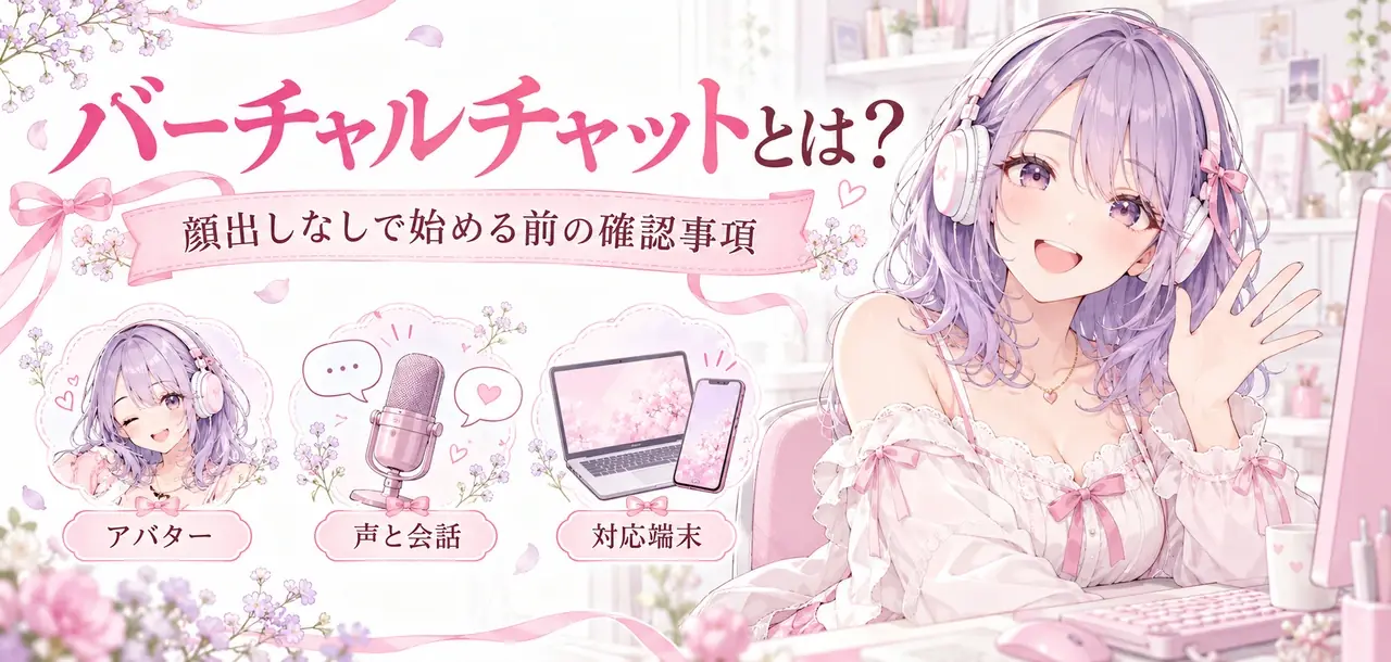 バーチャルチャットとは？。顔出しなしで始める前の確認事項。アバター・声と会話・対応端末を紹介する記事バナー。