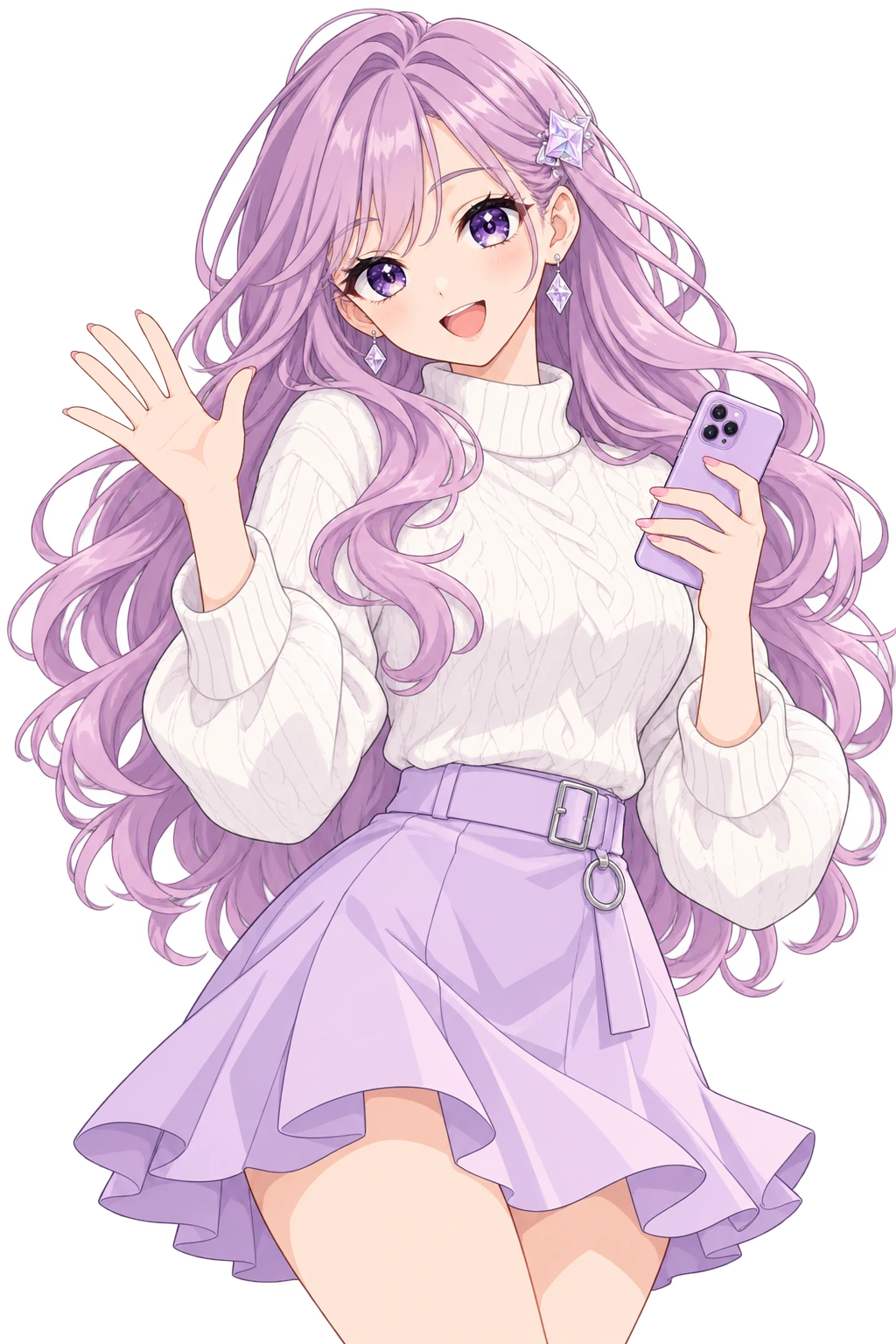 ラベンダー色の髪で優しく手を振るオリジナルキャラクター