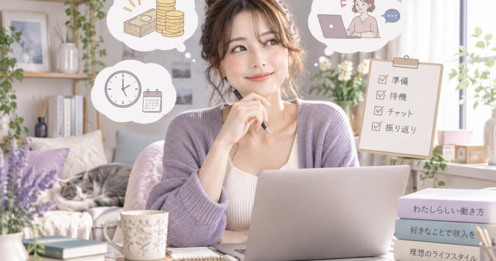 在宅チャットレディの「報酬の時給換算」はどう考える?実例と注意点のテーマを表現したイメージイラスト